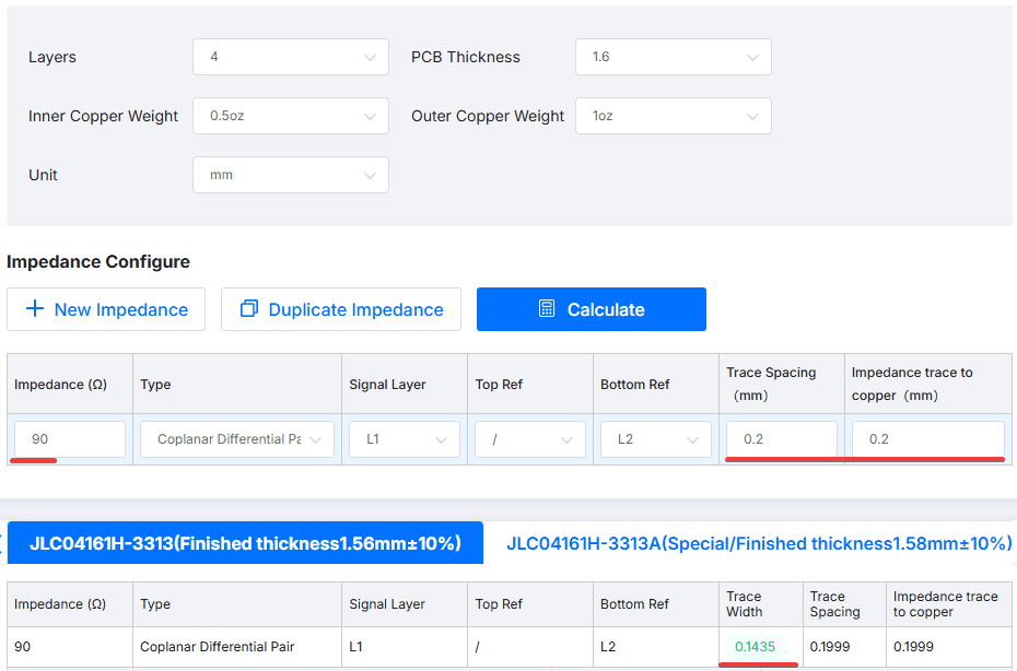 Screenshot of JLCPCB's calculator